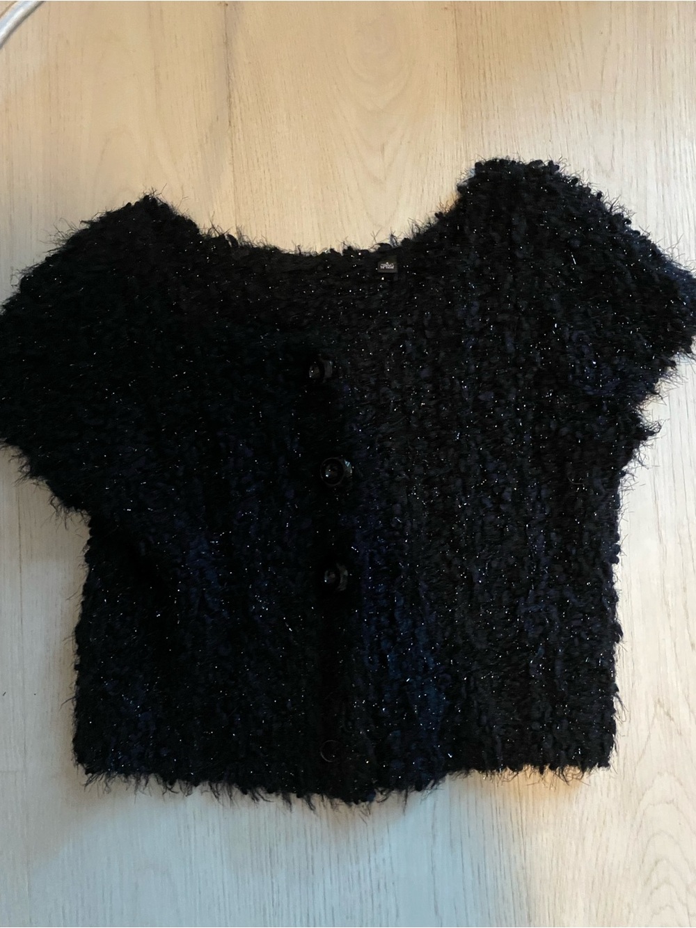 Black Short-Sleeve Textured Crop Cardigan